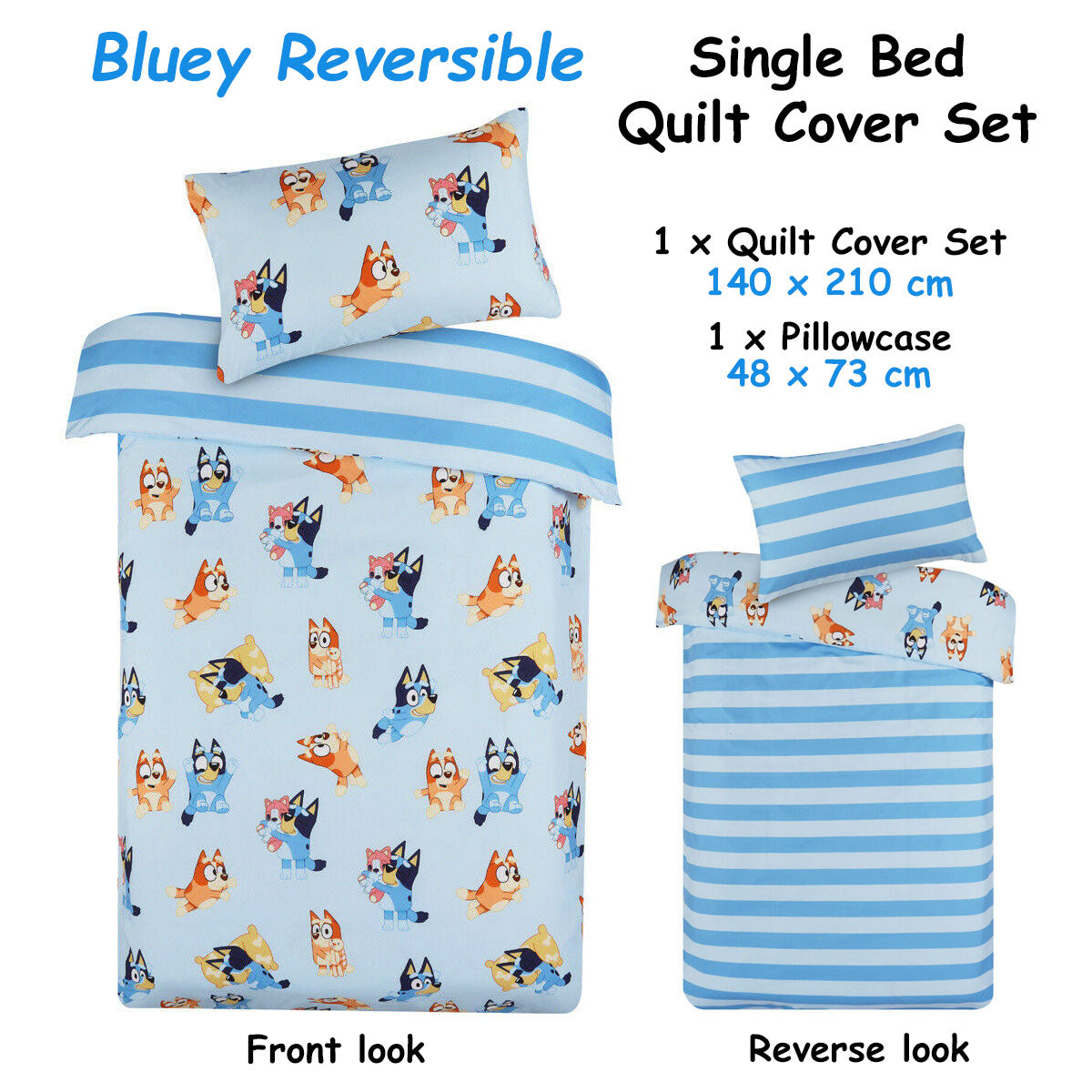 Bluey reversible single bed quilt cover set with cartoon dog design on a pale blue background