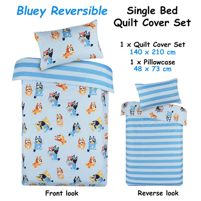 Bluey reversible single bed quilt cover set with cartoon dog design on a pale blue background