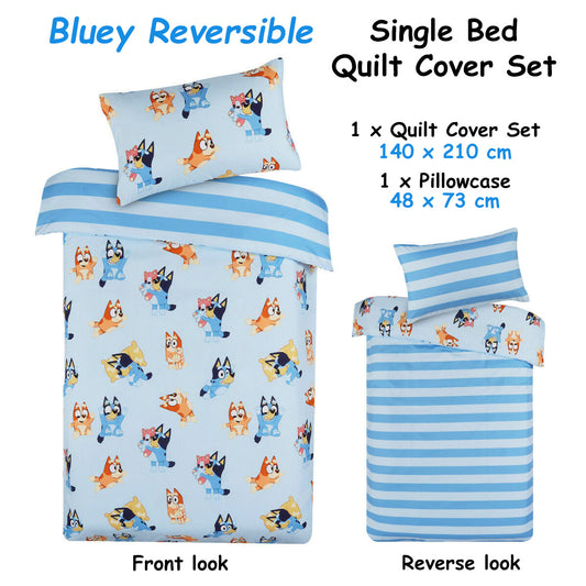 Bluey reversible single bed quilt cover set with cartoon dog design on a pale blue background